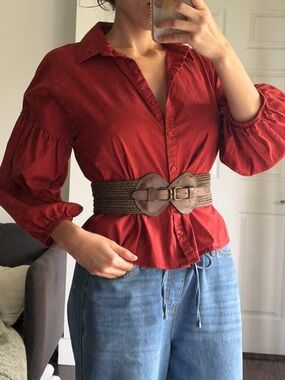 Rust Red Button Puff Sleeve Romantic Cottage Core Blouse cotton Women M